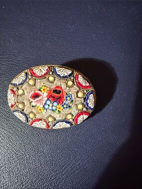 Vintage Italian Micro Mosaic Oval Floral Brooch - Multicolor